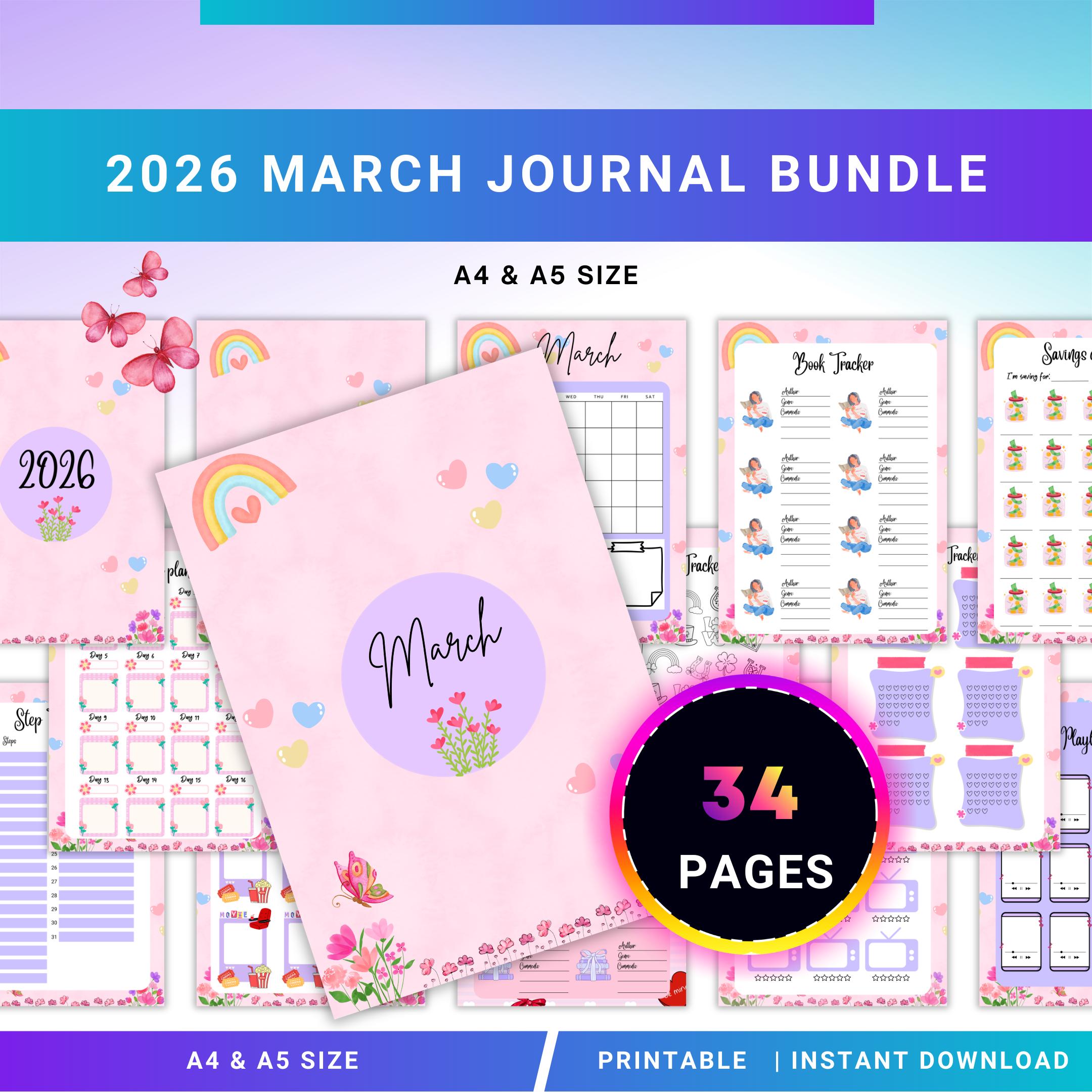 Digital Planner — MARCH Planner Bundle, Habit Tracker, Daily Reflection, Mental Health, Gratitude, Mood Tra... | Mindfulness printable