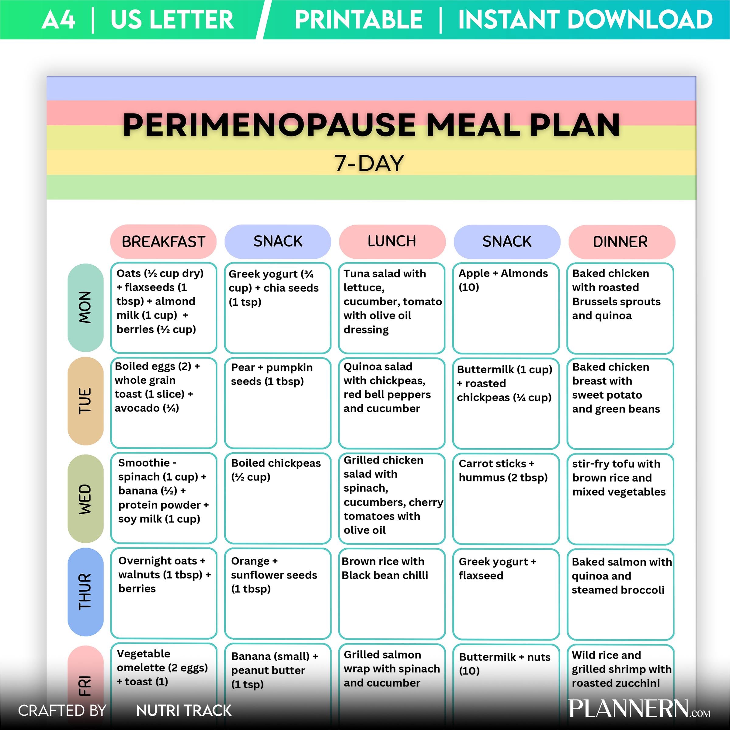 Perimenopause 7 Day Meal Plan Printable, Hormone Balance Diet Plan, 40+ Women Health Care, Menopause Food, ... | Nutri Track printable
