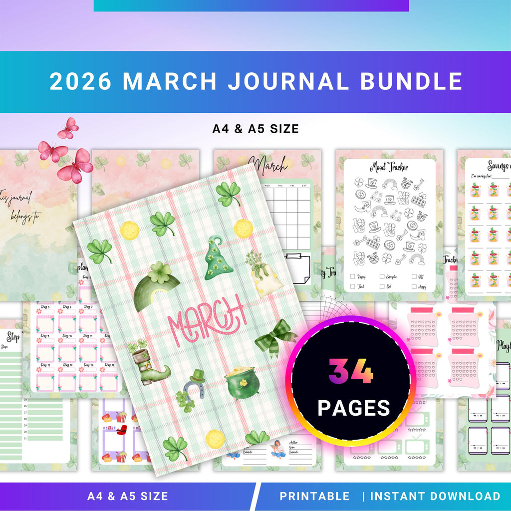 Digital Planner — MARCH Planner Bundle, Habit Tracker, Saving Planner, Mental Health, Gratitude, Mood Track... | Mindfulness printable