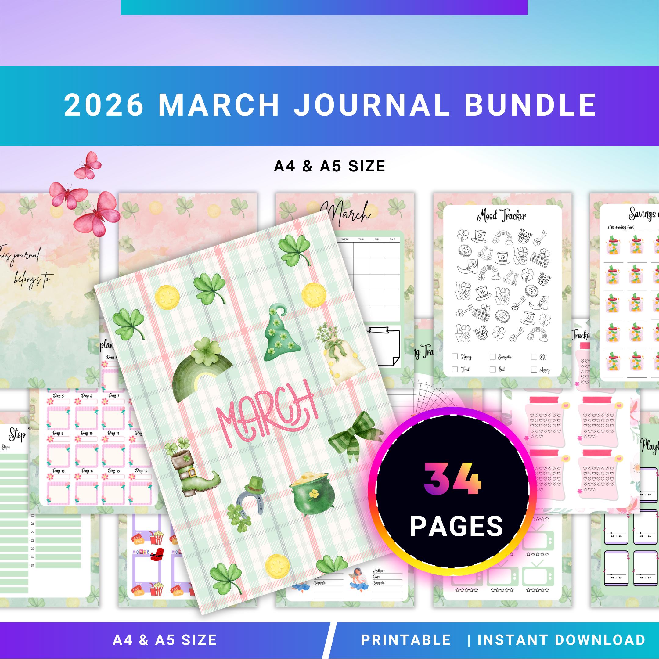 Digital Planner — MARCH Planner Bundle, Habit Tracker, Saving Planner, Mental Health, Gratitude, Mood Track... | Mindfulness printable