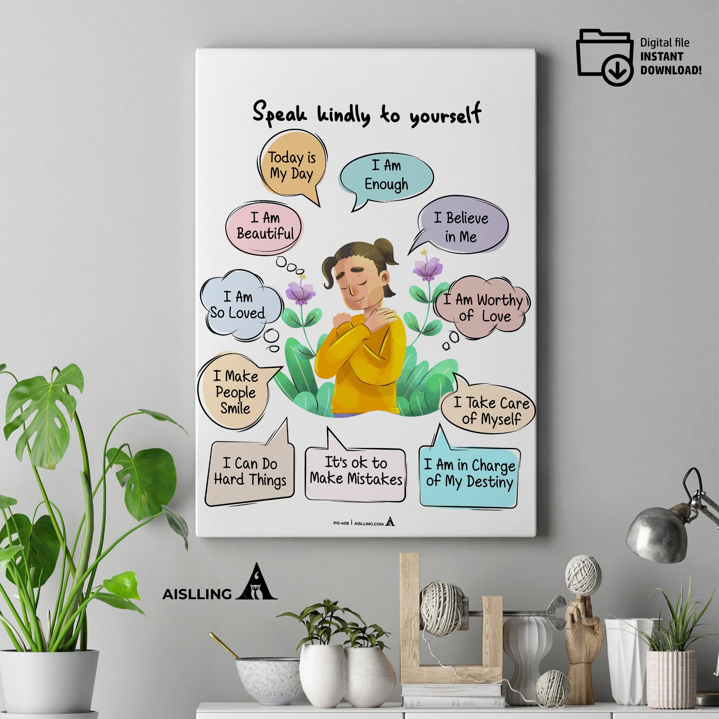 Aesthetic Wall Art — Affirmations Wall Print, Aesthetic Flowers Poster, Positive Selfcare Affirmations, Dig... | Mindfulness printable