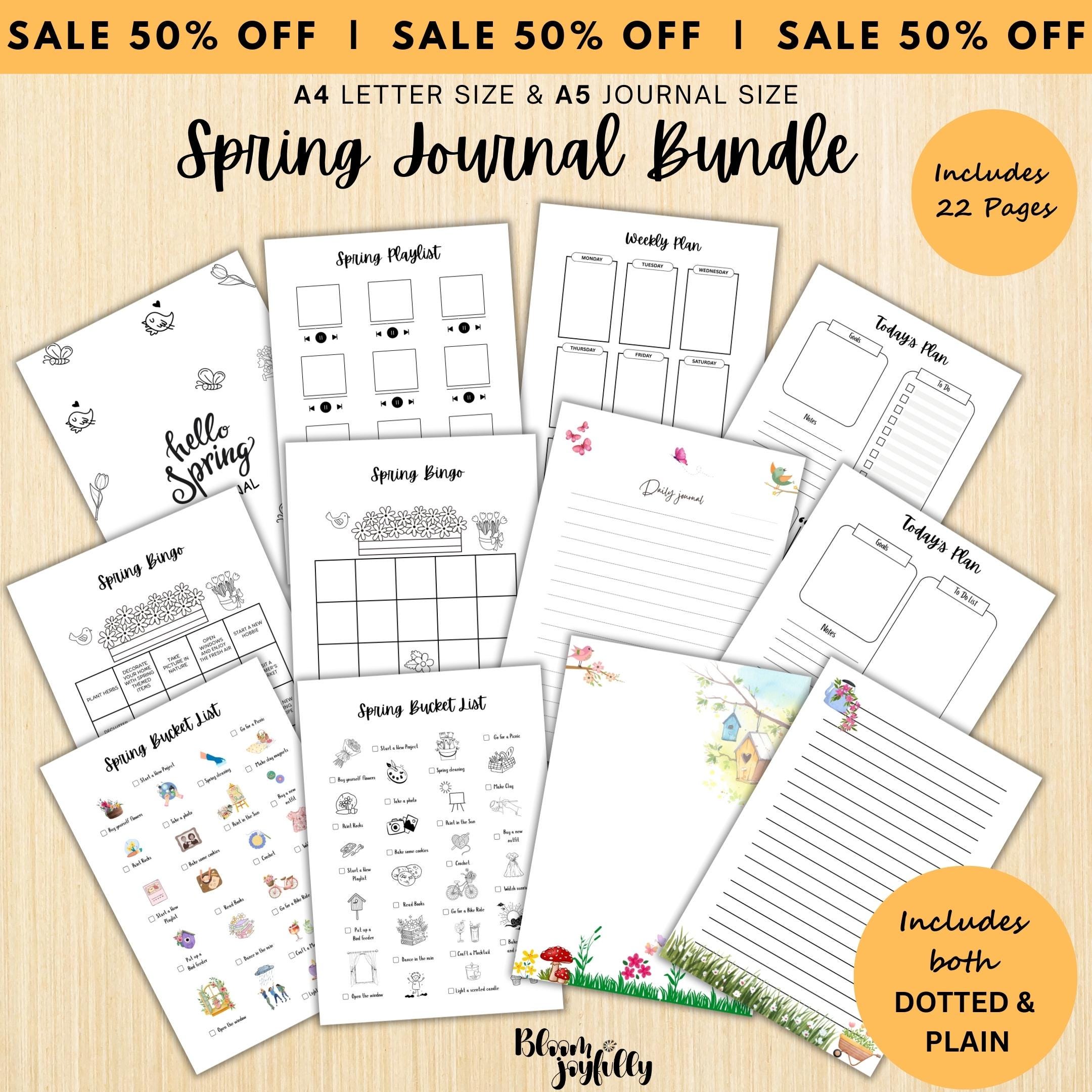 Daily Journal Print — Spring Journal Bundle, Spring Blossom Journal PRINTABLE, Seasonal Planner, Spring Buc... | Mindfulness printable