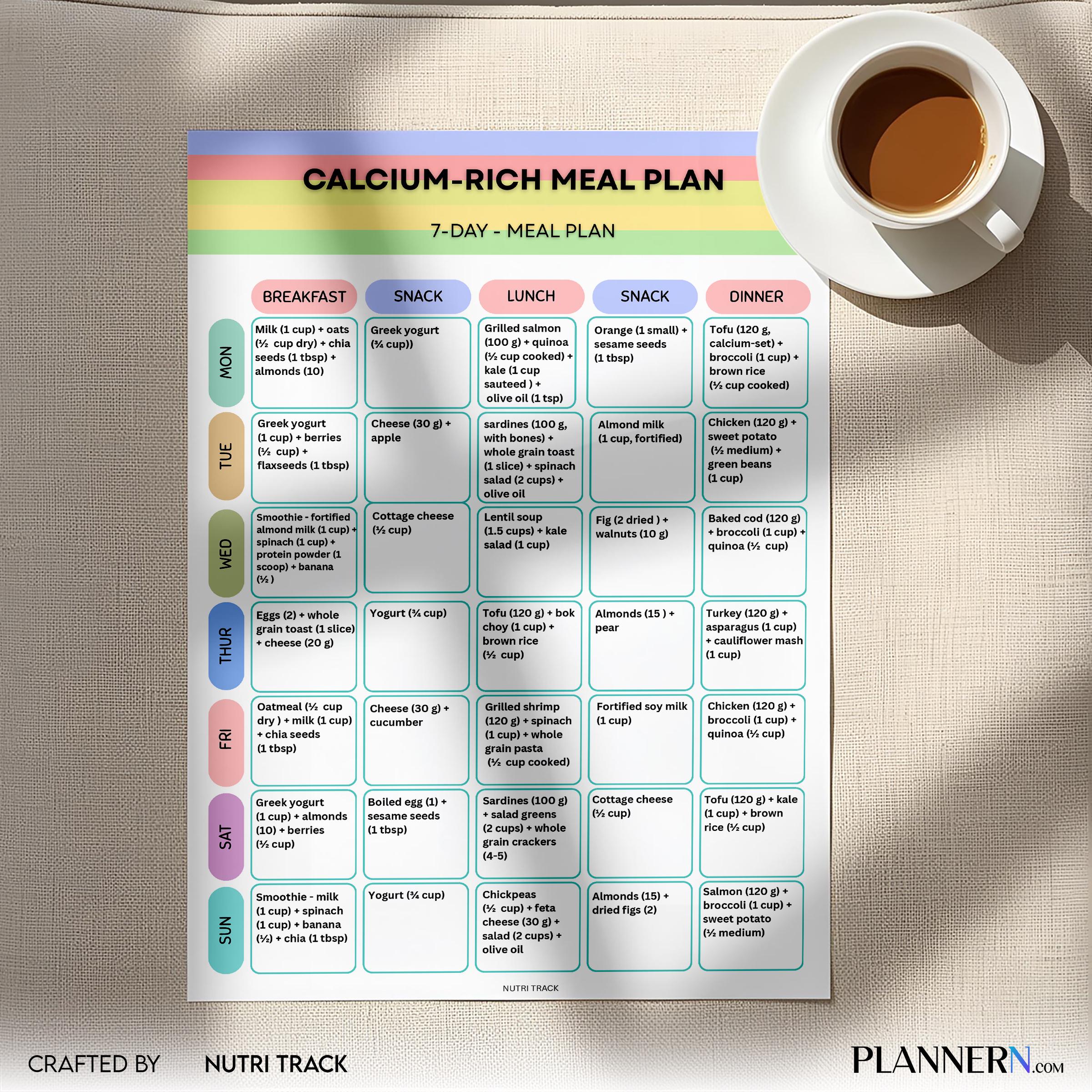 Calcium Rich 7 Day Meal Plan, Bone Health Diet Plan, Printable Weekly Menu, Healthy Eating PDF, Calcium Ric... | Nutri Track printable