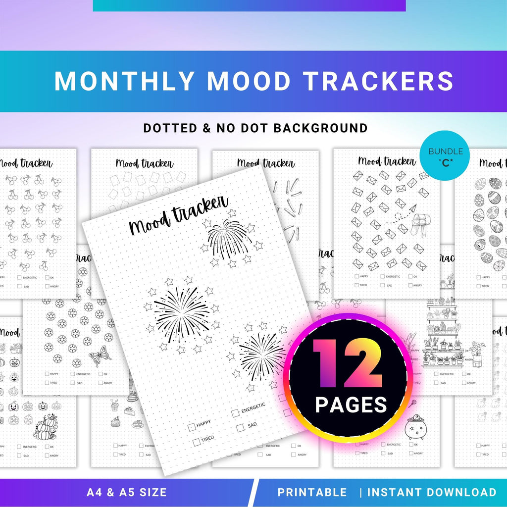 Bullet Journal — MONTHLY Mood Trackers Bundle, Printable Mood Tracker for journal, Monthly, Daily Mood Log,... | Mindfulness printable