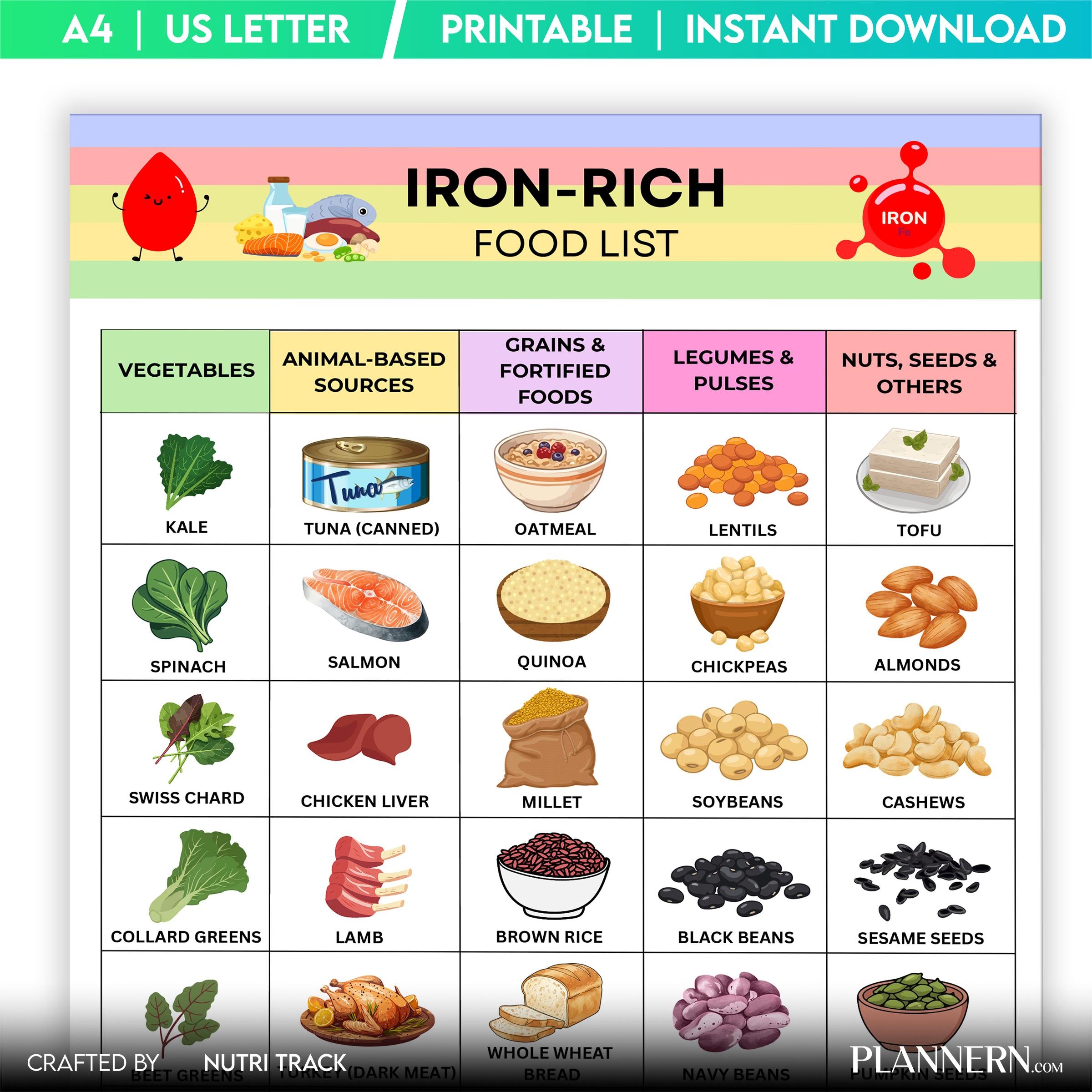 Grocery List Pdf — Iron Rich Food List Printable PDF, High Iron Foods Chart, Iron Rich Grocery List, Anemia... | Nutri Track printable