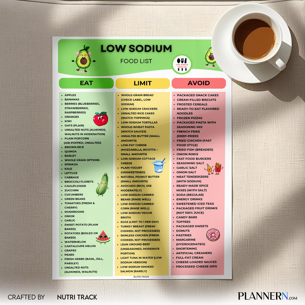 Diet Printable — Low Sodium Food List Printable, Low Salt Diet Food Chart, High Blood Pressure, Diabetes, S... | Nutri Track printable