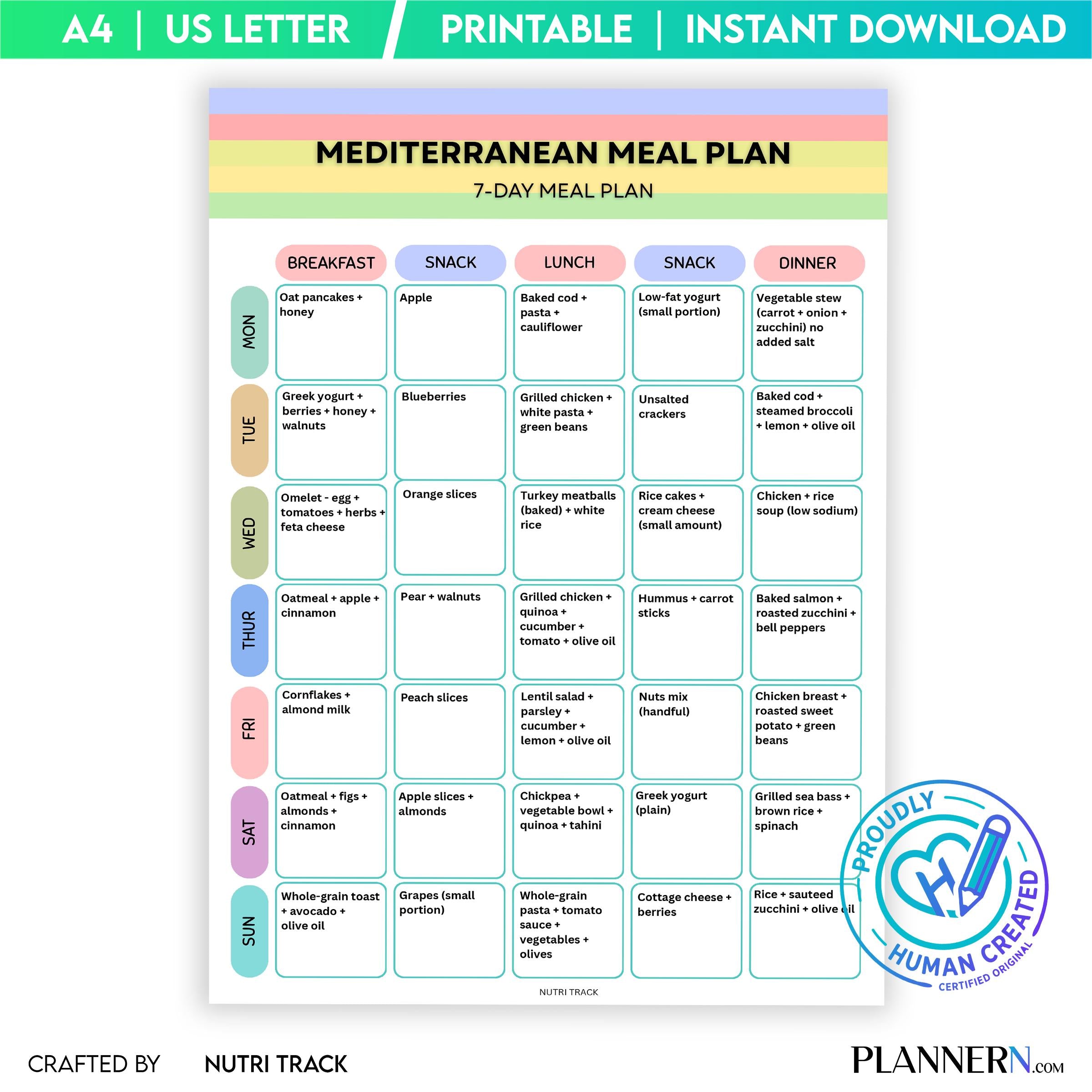 Mediterranean 7 Day Meal Plan Printable, Mediterranean Diet Meal Plan, Mediterranean Healthy Diet Plan, Dig... | Nutri Track printable