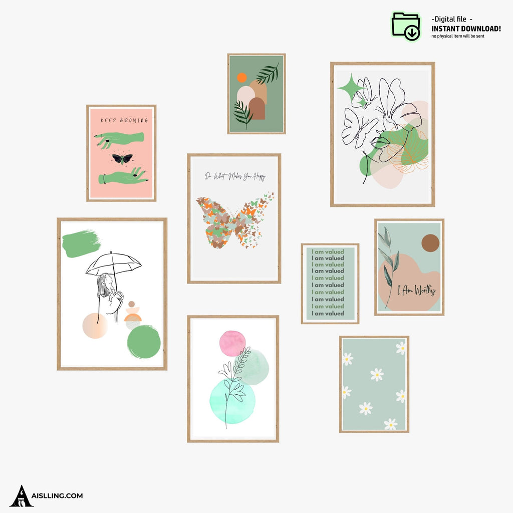 Sage Green Blush Pink Print Set of 9, Boho decor, Botanical Gallery Wall Set, DIGITAL DOWNLOAD, Minimalist ... | Aislling printable