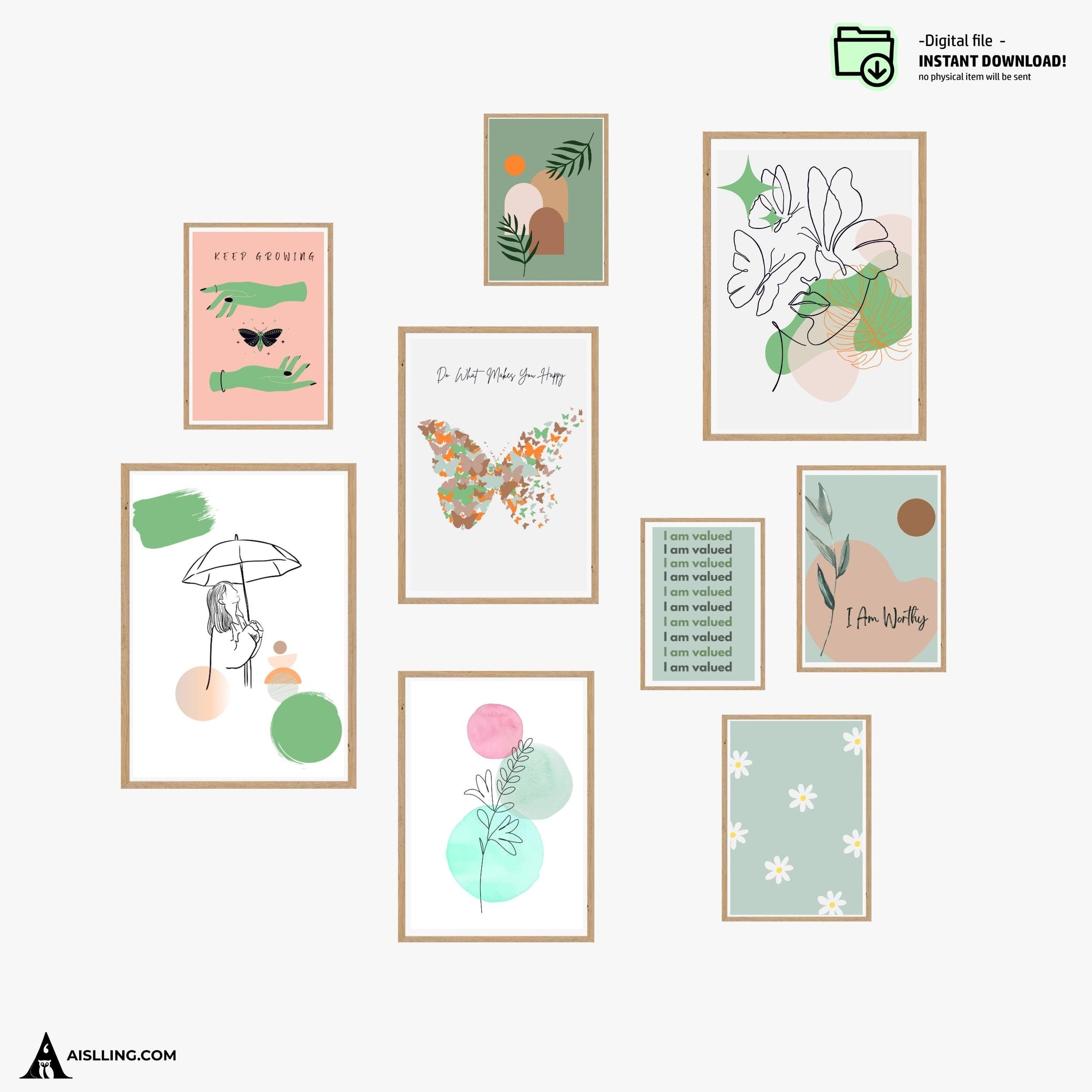 Sage Green Blush Pink Print Set of 9, Boho decor, Botanical Gallery Wall Set, DIGITAL DOWNLOAD, Minimalist ... | Aislling printable