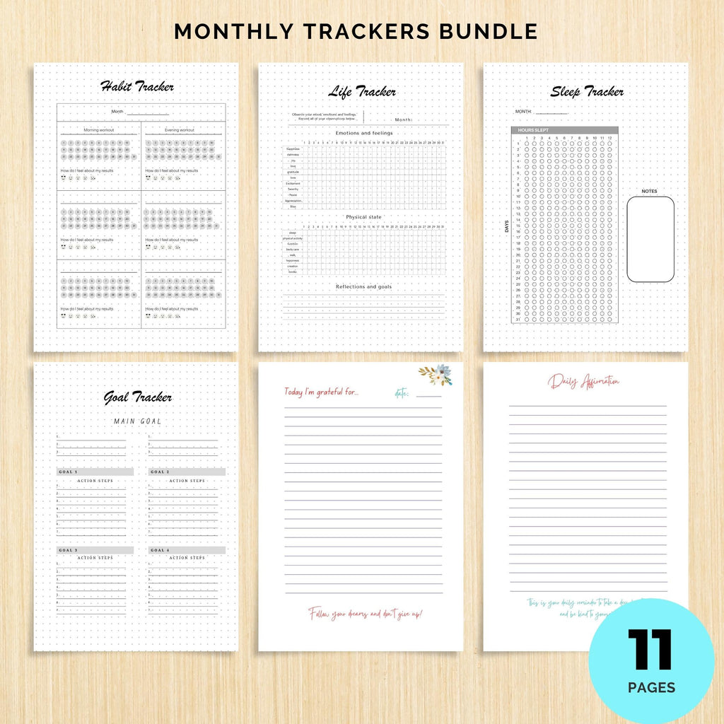 Affirmation — Printable JOURNAL Pages, MONTHLY TRACKERS Bundle, Digital Planner Pages A4 & A5 Size | Mindfulness printable