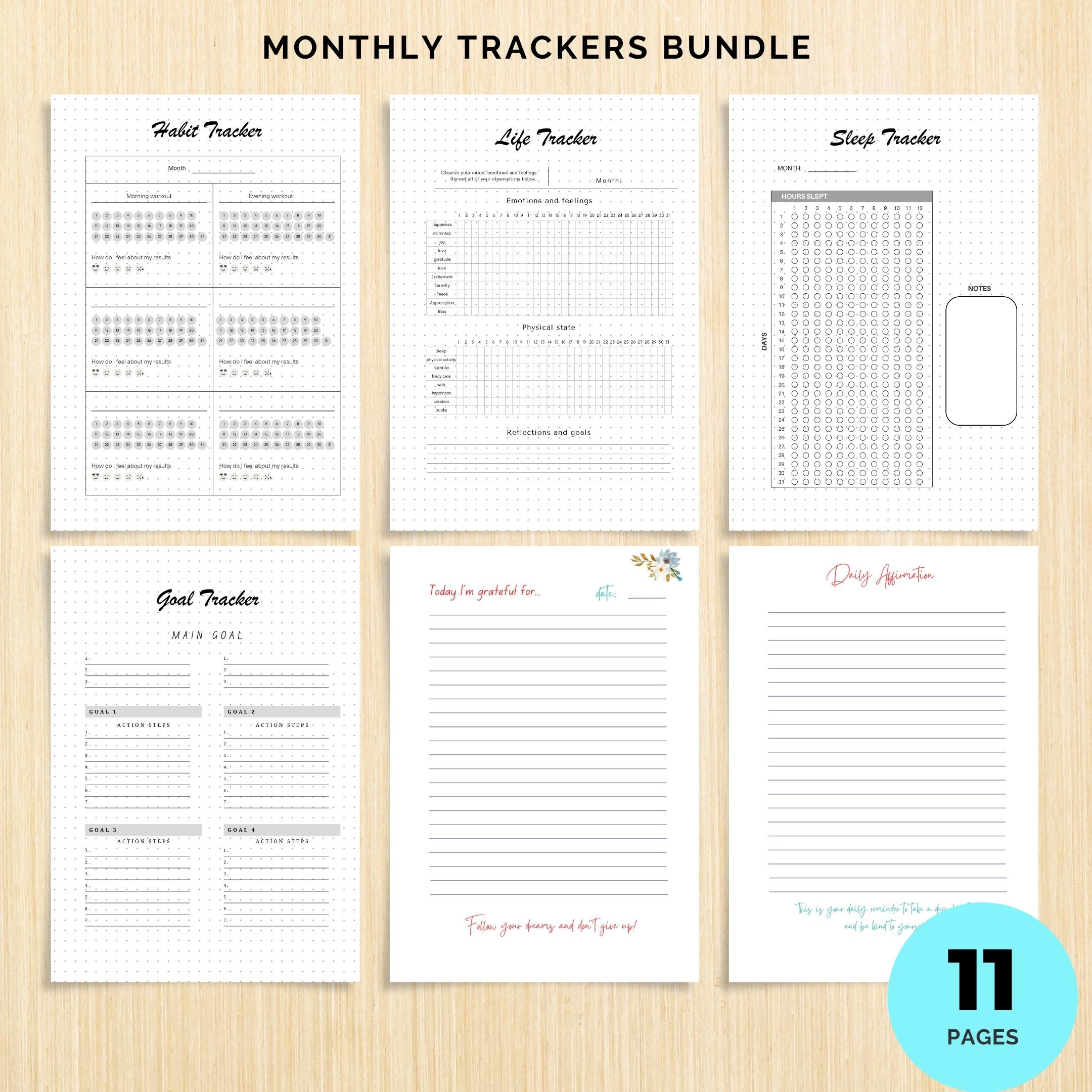 Affirmation — Printable JOURNAL Pages, MONTHLY TRACKERS Bundle, Digital Planner Pages A4 & A5 Size | Mindfulness printable