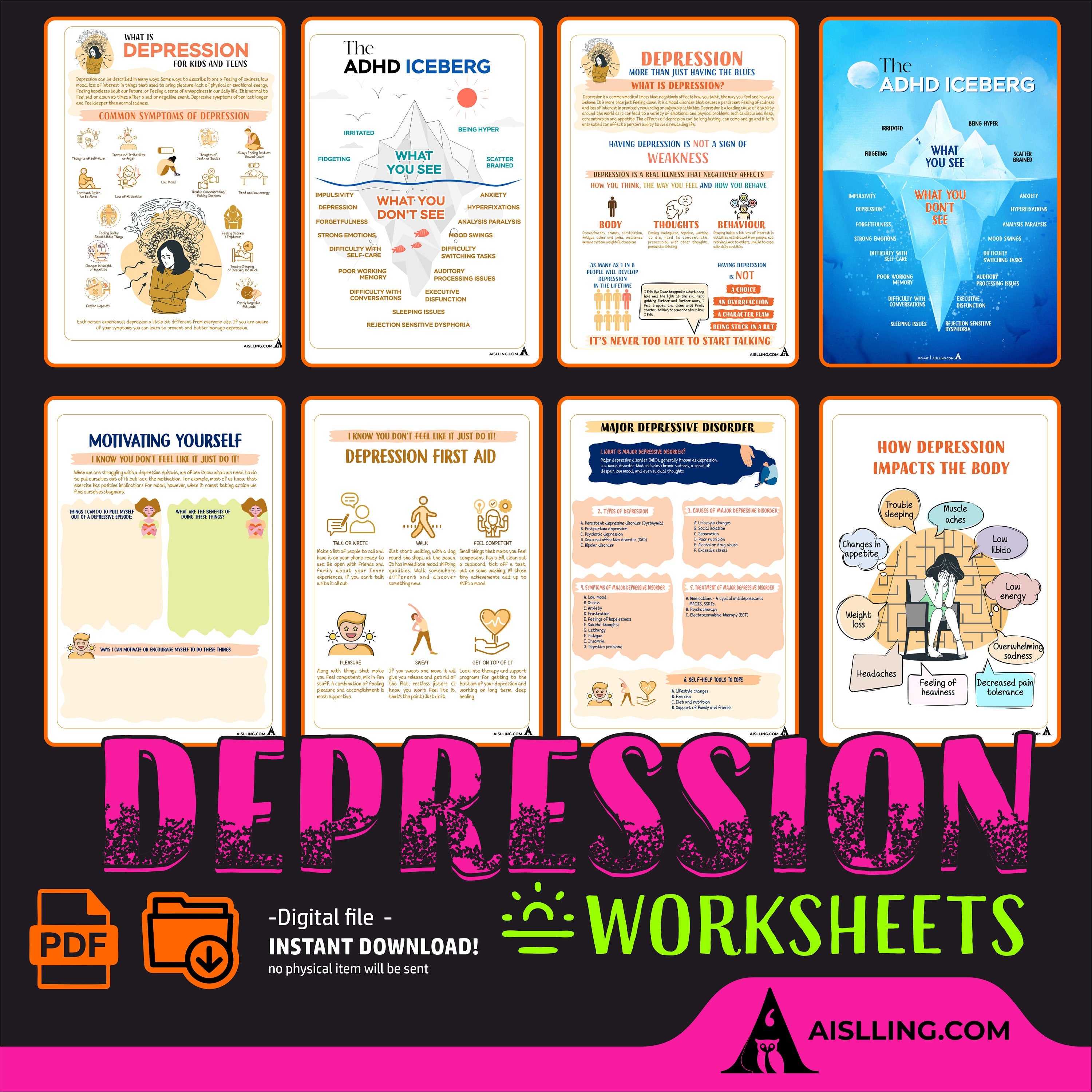 Depression Workbook, depression spiral, depression coping, cognitive restructuring, therapy worksheets, school counsellor, teen therapy