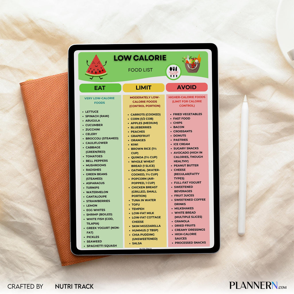 Calorie Chart — Low Calorie Food List Printable, Weight Loss Food Chart, Calorie Tracker, Diet Planner PDF,... | Nutri Track printable