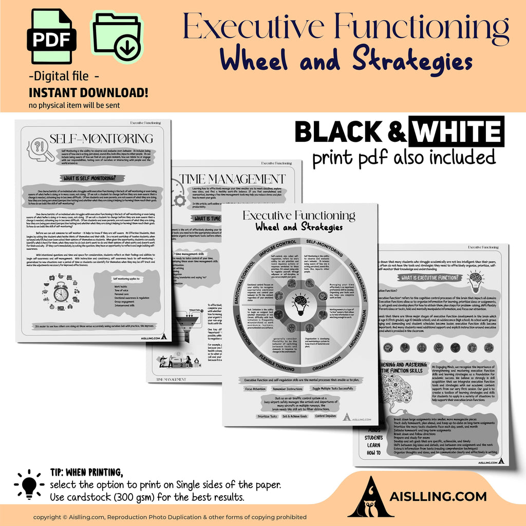 Adhd Worksheets — Executive Functioning Wheel and Strategies, ADHD, Group Therapy Handouts, Working Memory,... | Mindfulness printable