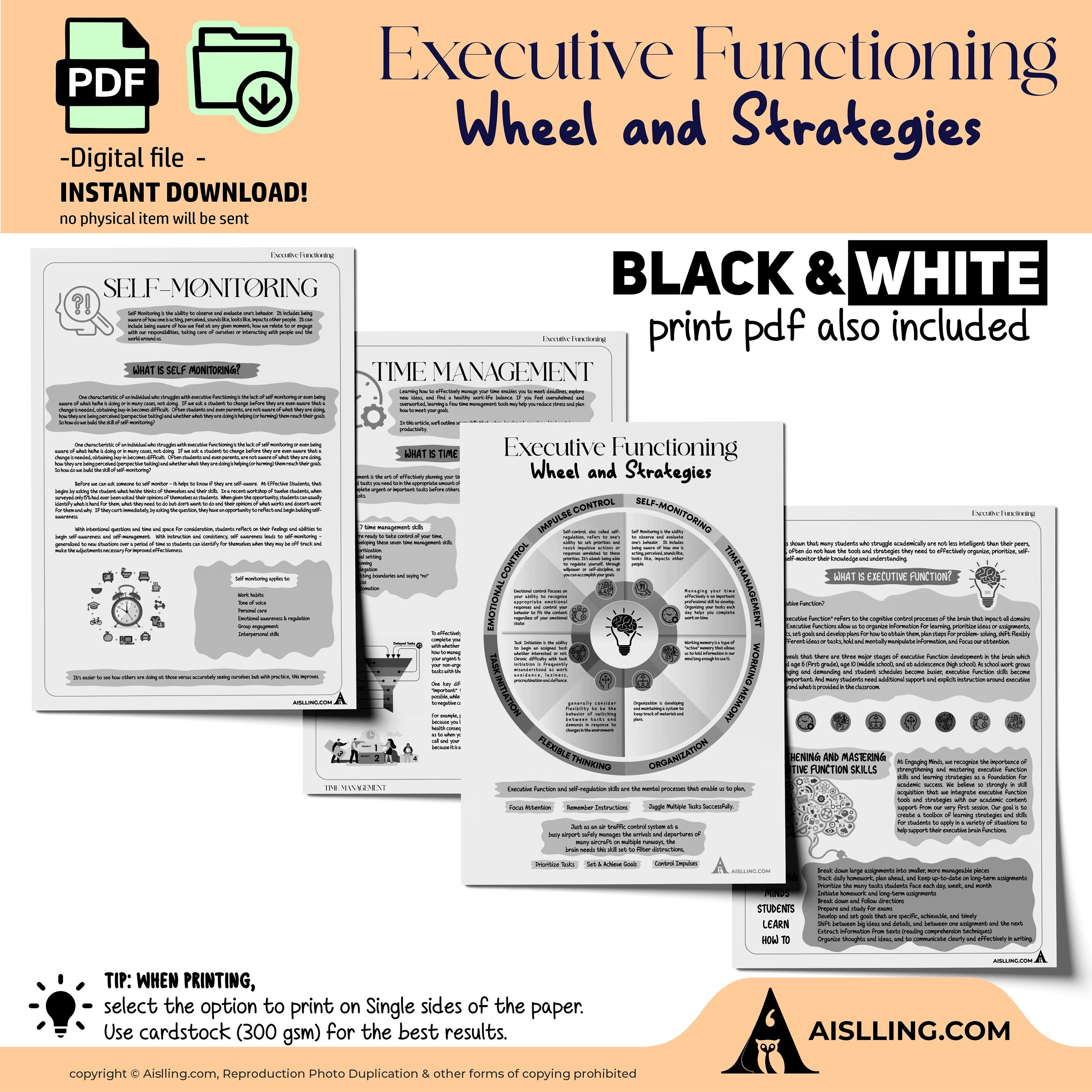 Adhd Worksheets — Executive Functioning Wheel and Strategies, ADHD, Group Therapy Handouts, Working Memory,... | Mindfulness printable