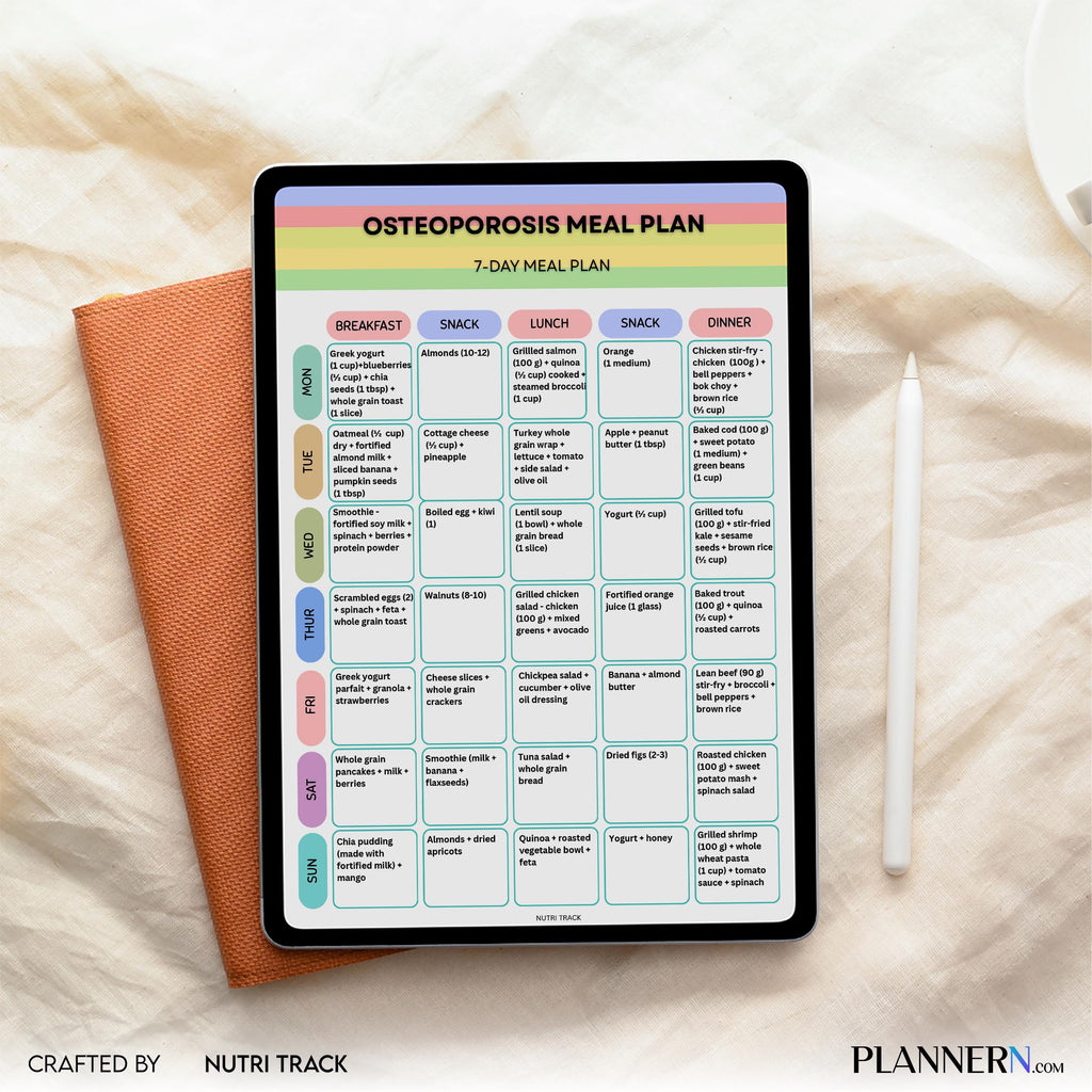 Osteoporosis 7 Day Meal Plan, Bone Health Diet Plan, Calcium Rich Weekly Menu, Osteoporosis Weekly Menu & G... | Nutri Track printable