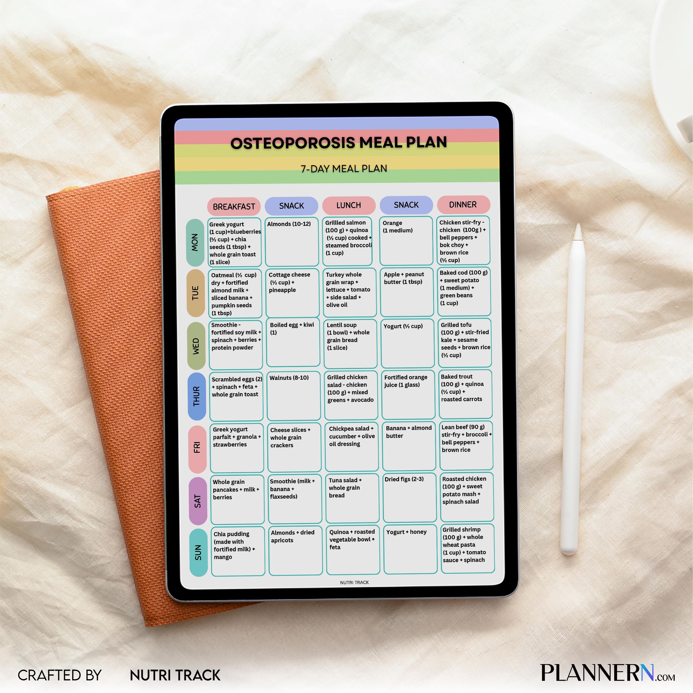 Osteoporosis 7 Day Meal Plan, Bone Health Diet Plan, Calcium Rich Weekly Menu, Osteoporosis Weekly Menu & G... | Nutri Track printable