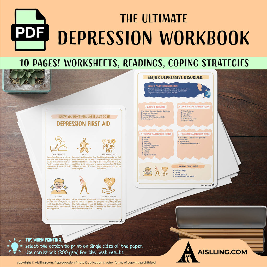 Depression Workbook, depression spiral, depression coping, cognitive restructuring, therapy worksheets, school counsellor, teen therapy
