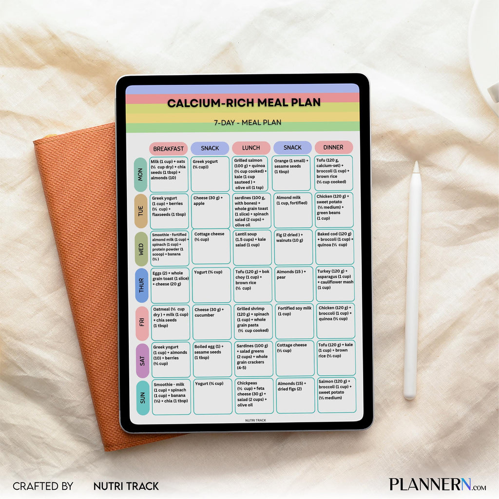 Calcium Rich 7 Day Meal Plan, Bone Health Diet Plan, Printable Weekly Menu, Healthy Eating PDF, Calcium Ric... | Nutri Track printable
