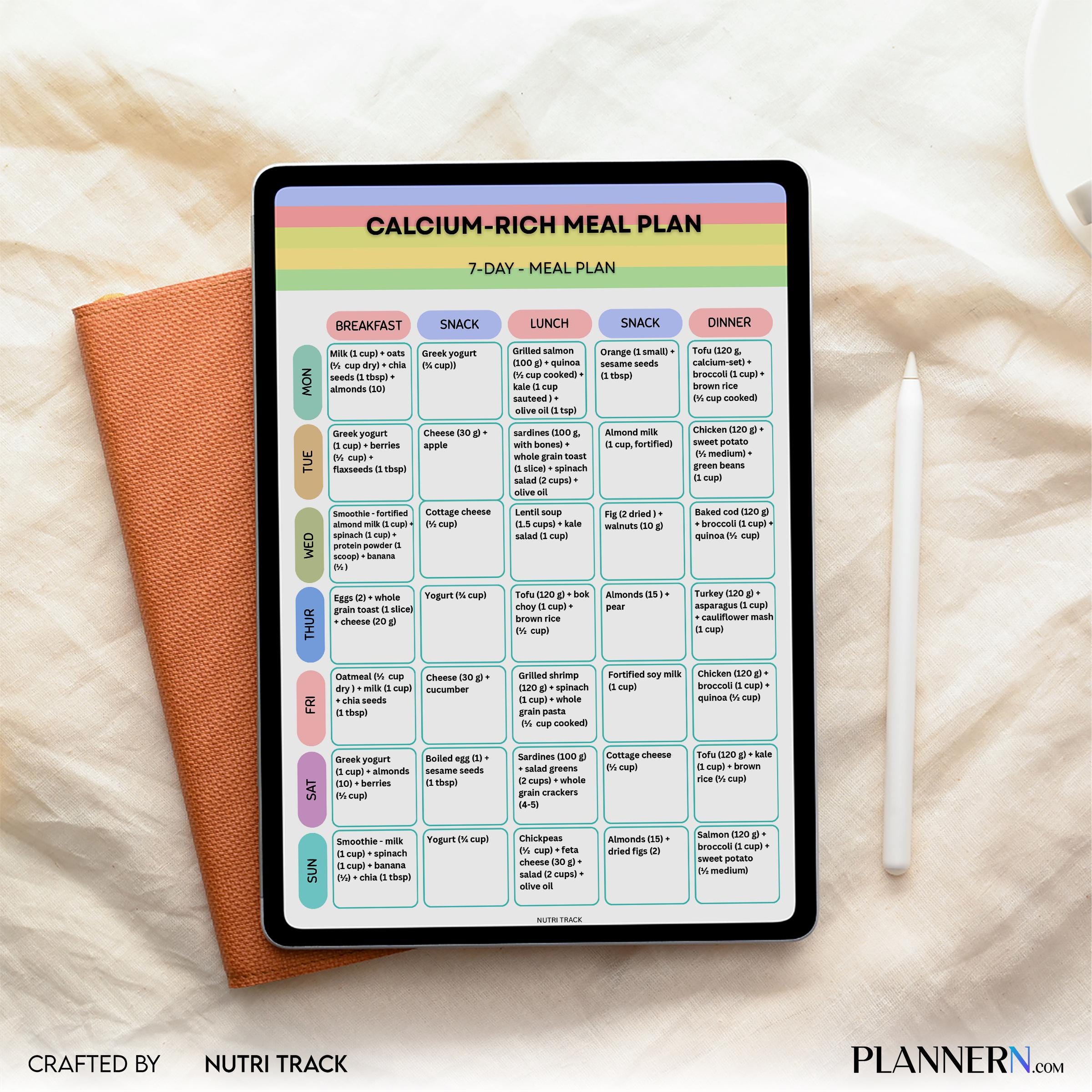 Calcium Rich 7 Day Meal Plan, Bone Health Diet Plan, Printable Weekly Menu, Healthy Eating PDF, Calcium Ric... | Nutri Track printable