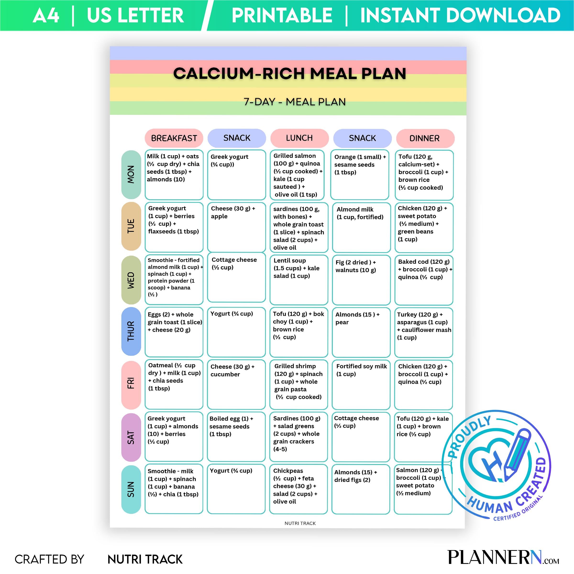 Calcium Rich 7 Day Meal Plan, Bone Health Diet Plan, Printable Weekly Menu, Healthy Eating PDF, Calcium Ric... | Nutri Track printable
