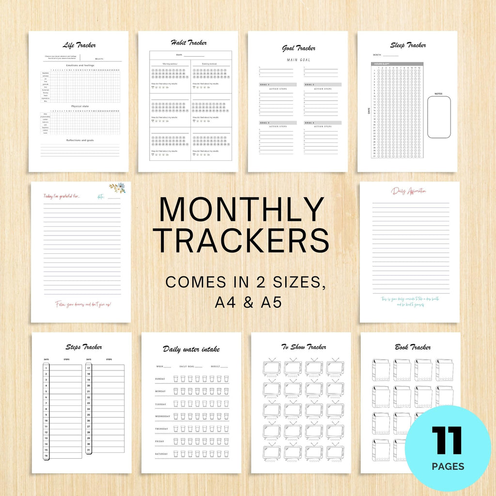 Affirmation — Printable JOURNAL Pages, MONTHLY TRACKERS Bundle, Digital Planner Pages A4 & A5 Size | Mindfulness printable