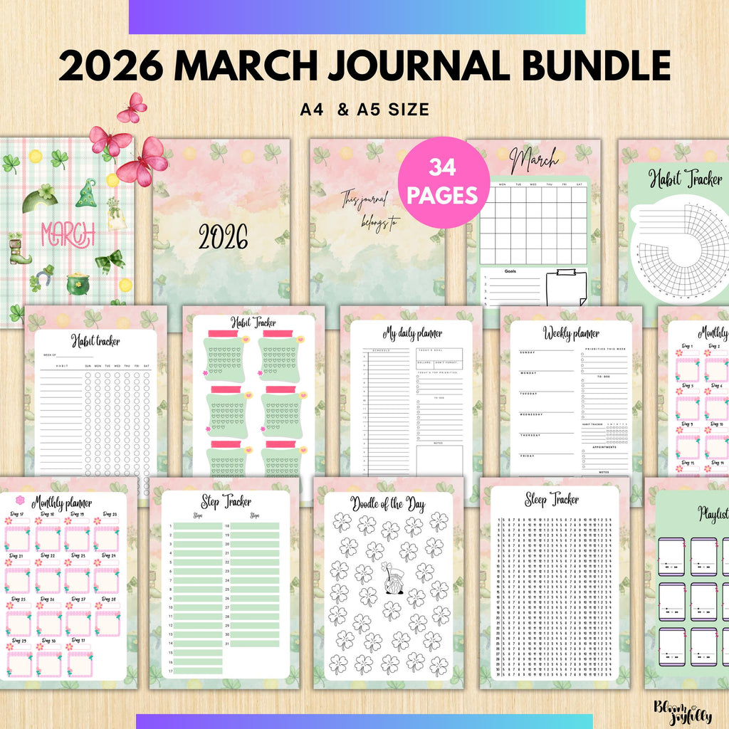 Digital Planner — MARCH Planner Bundle, Habit Tracker, Saving Planner, Mental Health, Gratitude, Mood Track... | Mindfulness printable