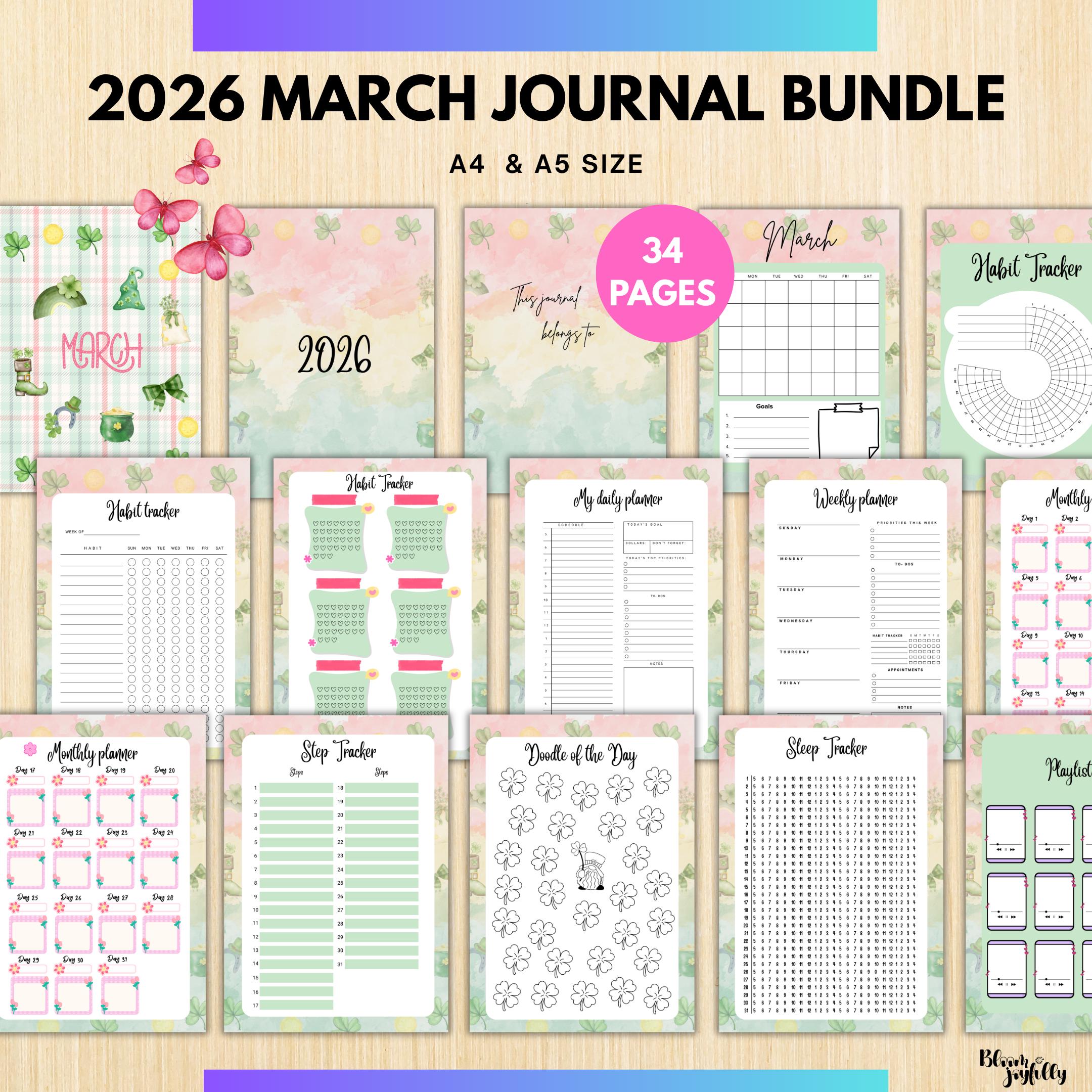 Digital Planner — MARCH Planner Bundle, Habit Tracker, Saving Planner, Mental Health, Gratitude, Mood Track... | Mindfulness printable