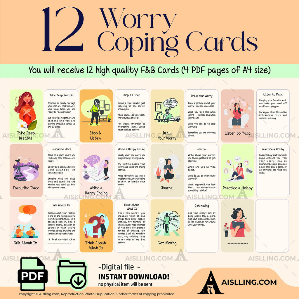 Adhd Worksheets — Worry Coping Cards Therapy Tools Mindfulness Cards Therapy Office Decor Social Psychology... | Mindfulness printable