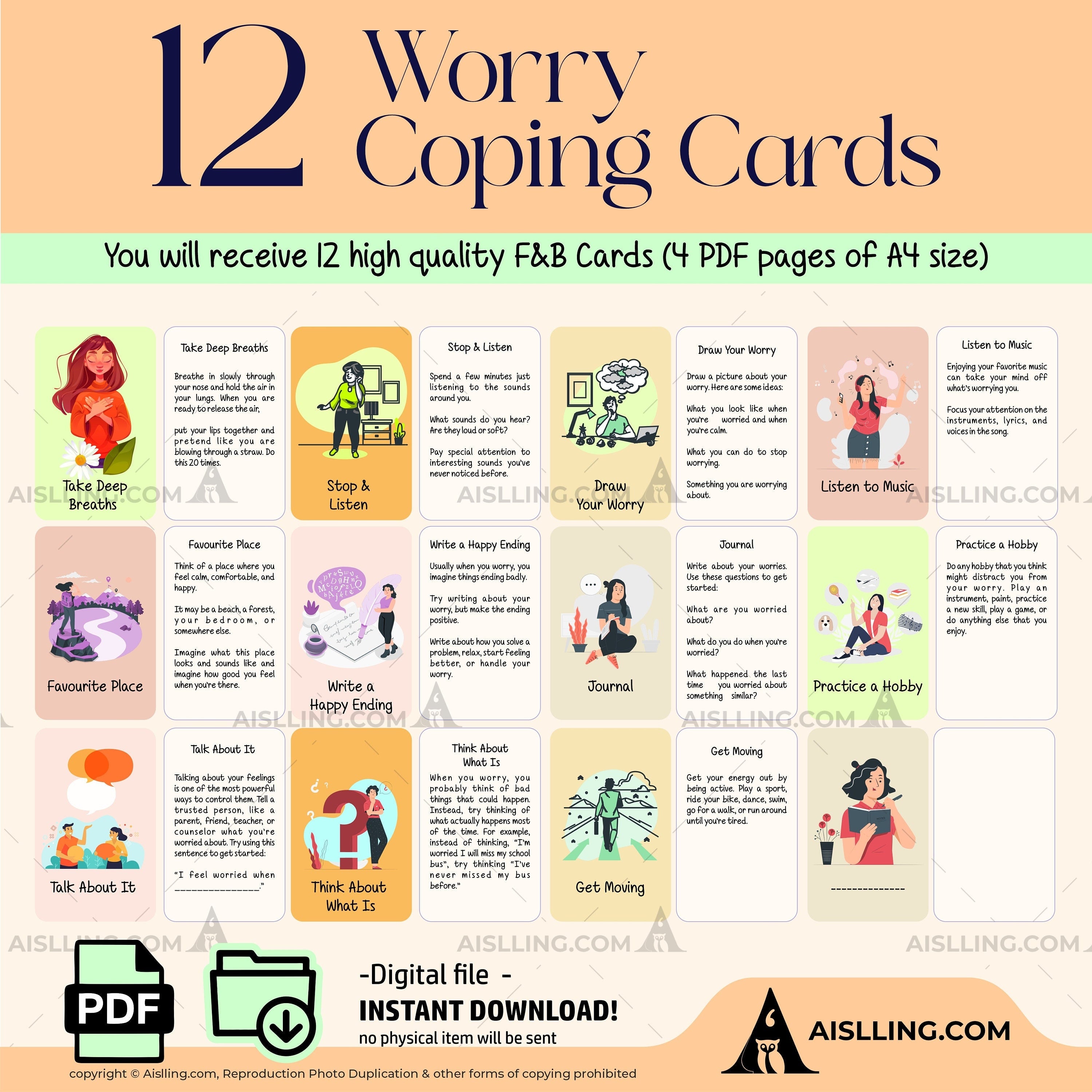 Adhd Worksheets — Worry Coping Cards Therapy Tools Mindfulness Cards Therapy Office Decor Social Psychology... | Mindfulness printable