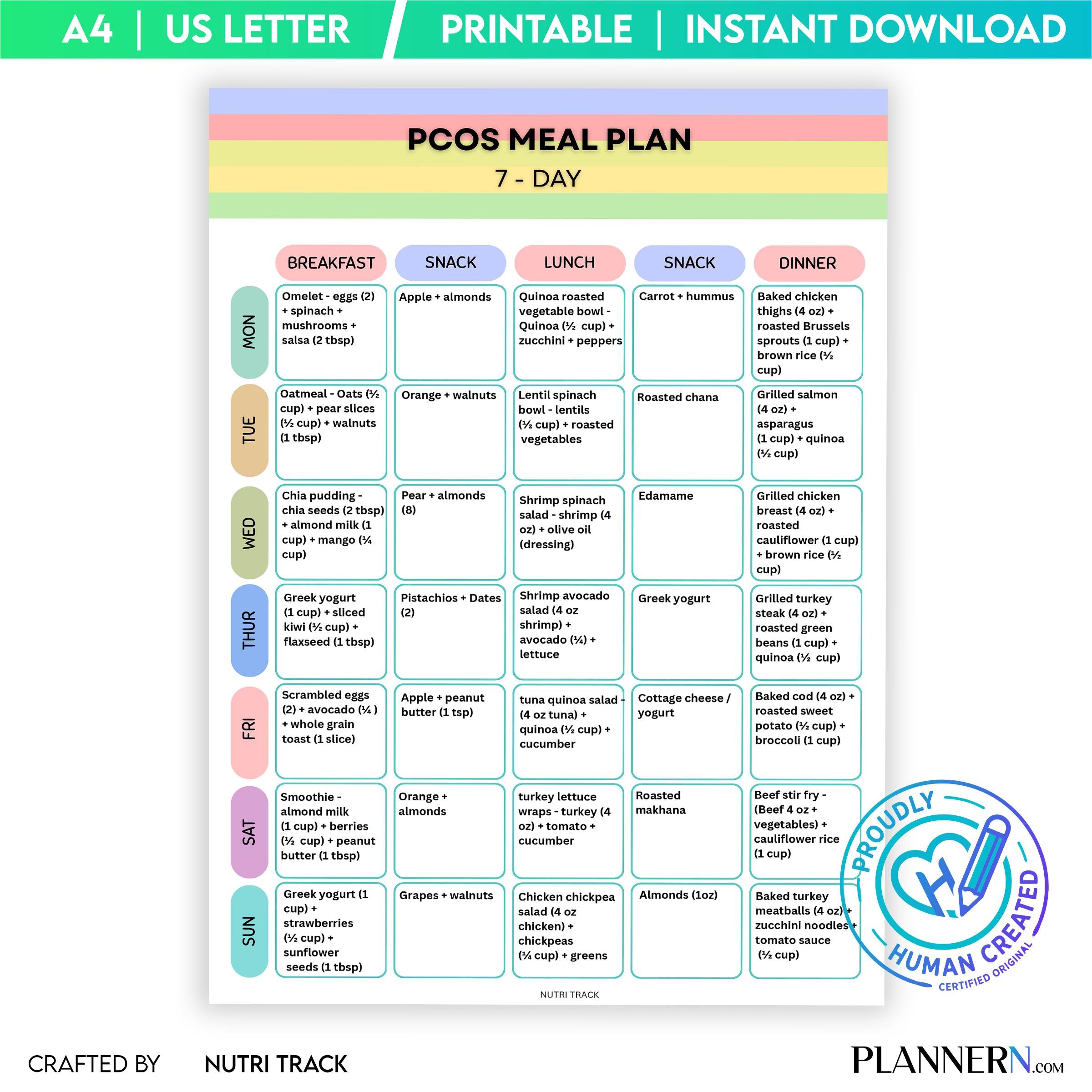 PCOS 7 Day Meal Plan Printable, PCOS Diet Plan, Hormone Balance Meal Planner, Women PCOS Healthy Eating Die... | Nutri Track printable
