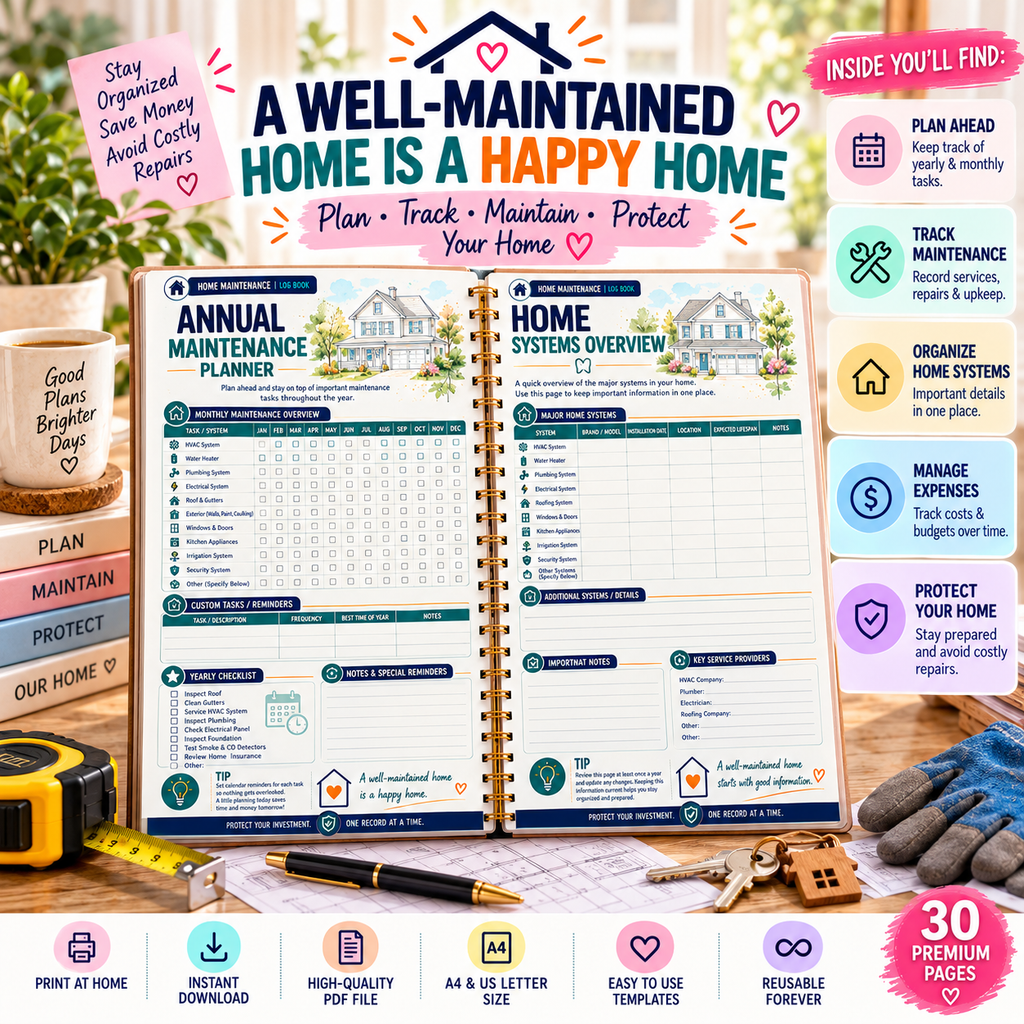 Home Maintenance Log Book — Printable PDF — existing product preview 2