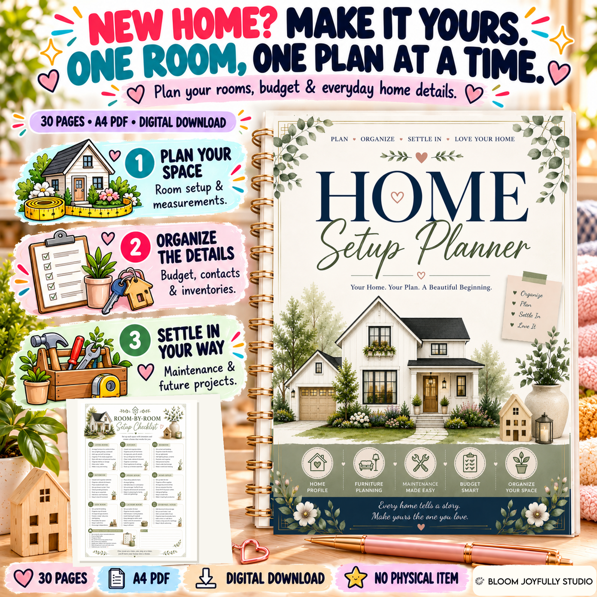 30-page A4 Home Setup Planner digital printable by BloomJoyfullyStudio