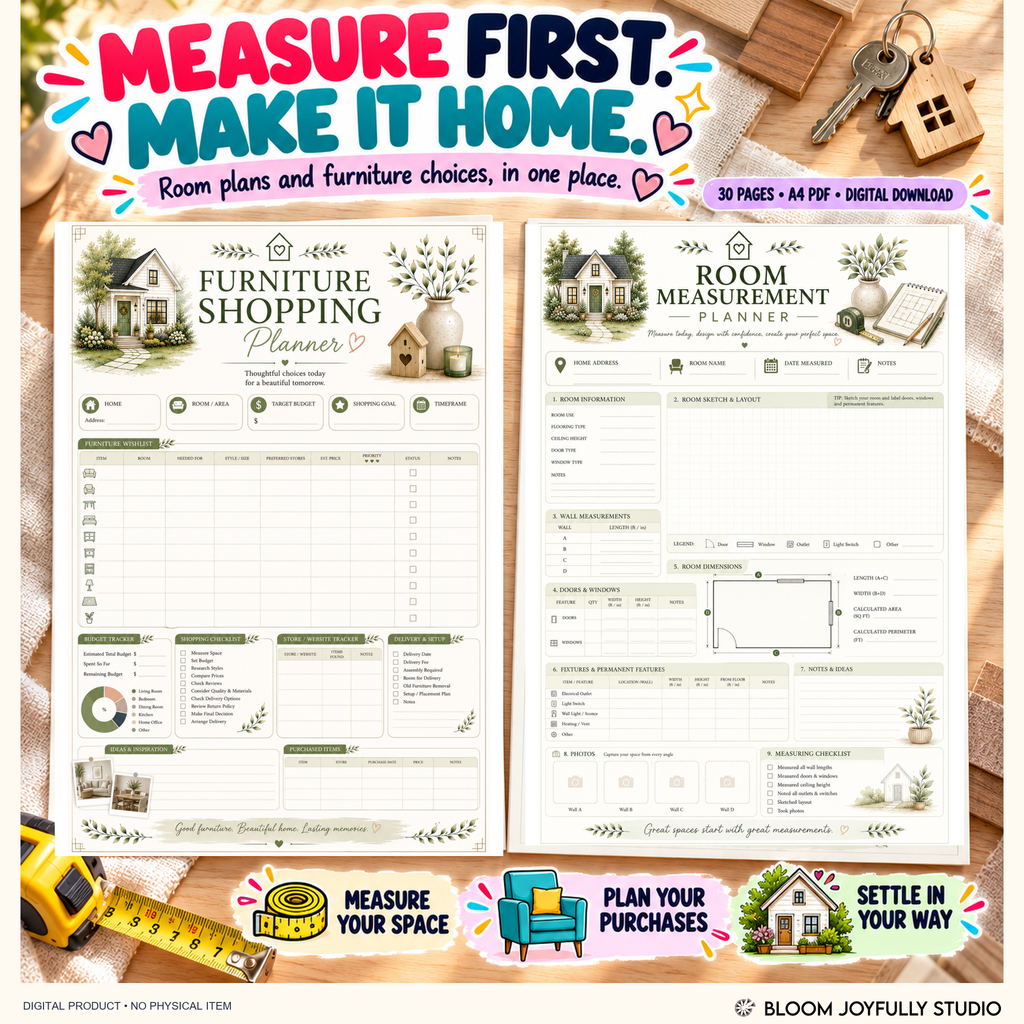 Furniture shopping and room measurement pages from the 30-page Home Setup Planner