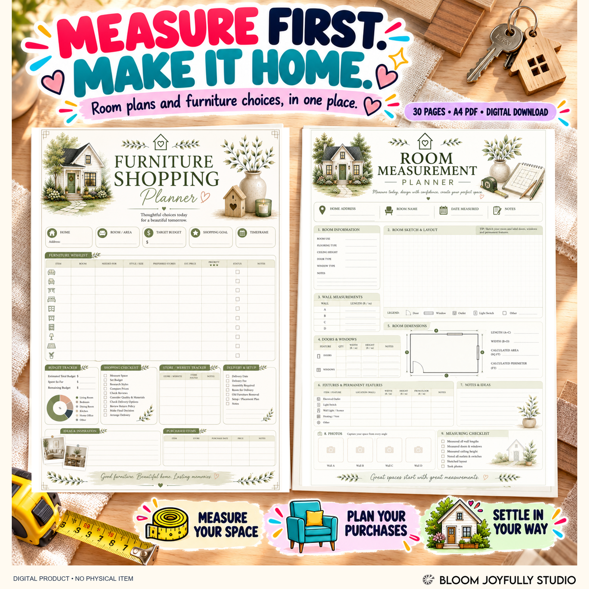 Furniture shopping and room measurement pages from the 30-page Home Setup Planner