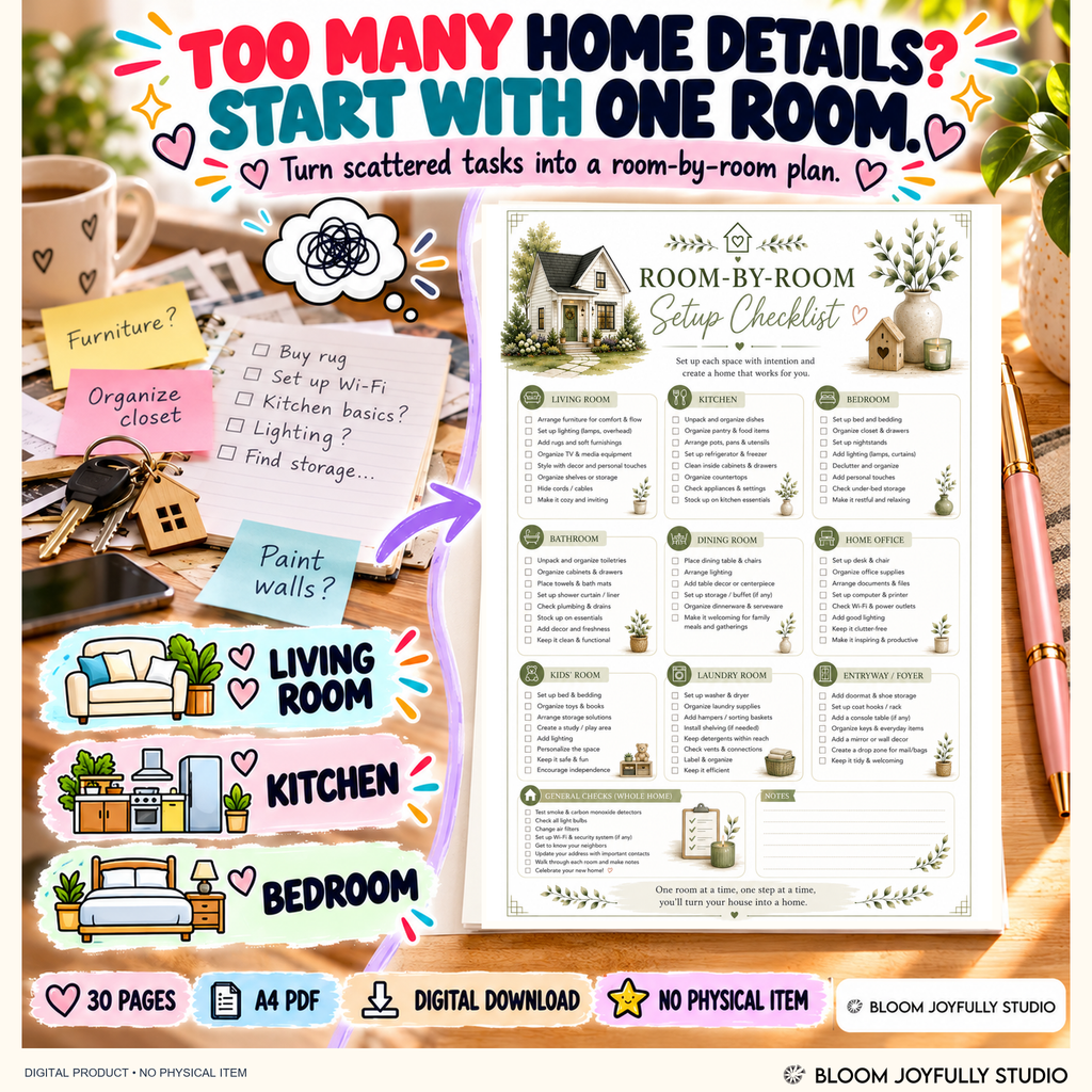Room-by-room checklist for organizing home setup tasks