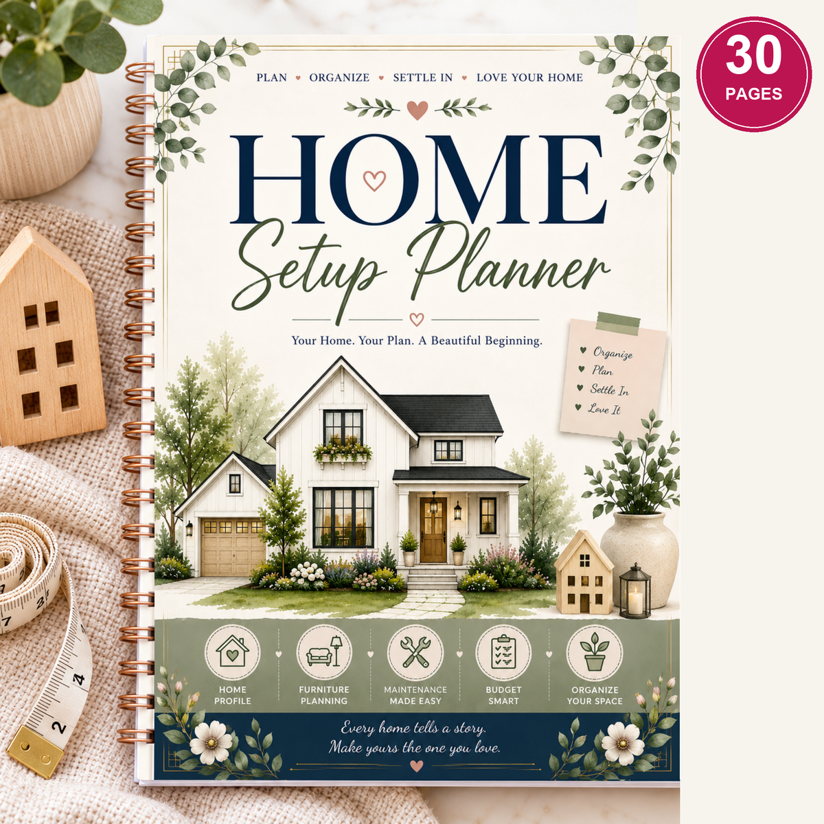 BloomJoyfullyStudio Home Setup Planner original cover with rose-gold binding mockup