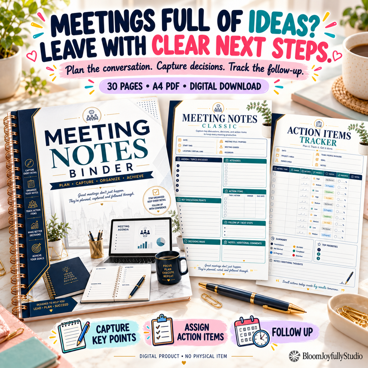 BloomJoyfullyStudio Meeting Notes Binder, 30-page A4 printable — 01