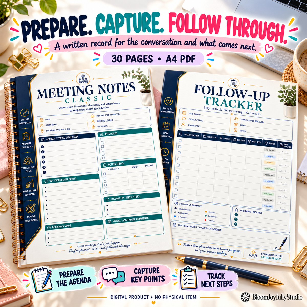 BloomJoyfullyStudio Meeting Notes Binder, 30-page A4 printable — 02