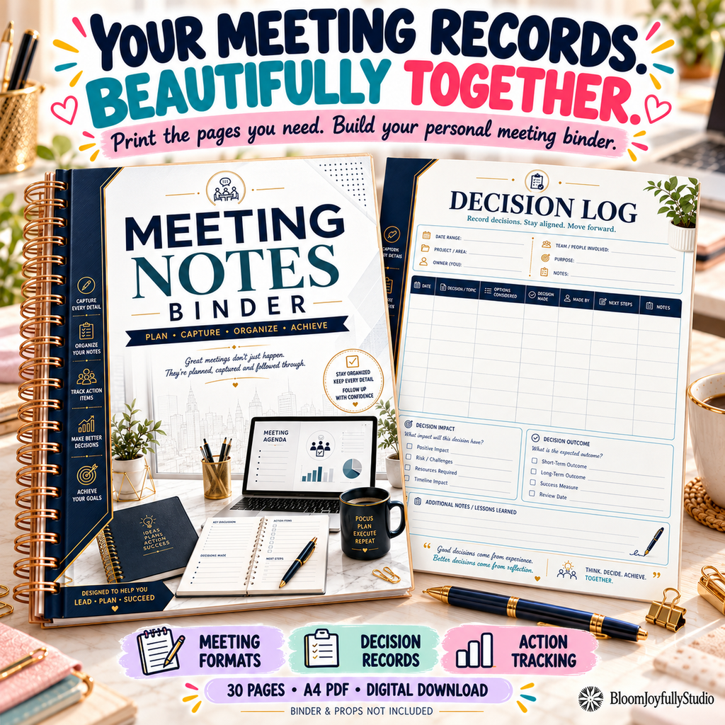 BloomJoyfullyStudio Meeting Notes Binder, 30-page A4 printable — 18