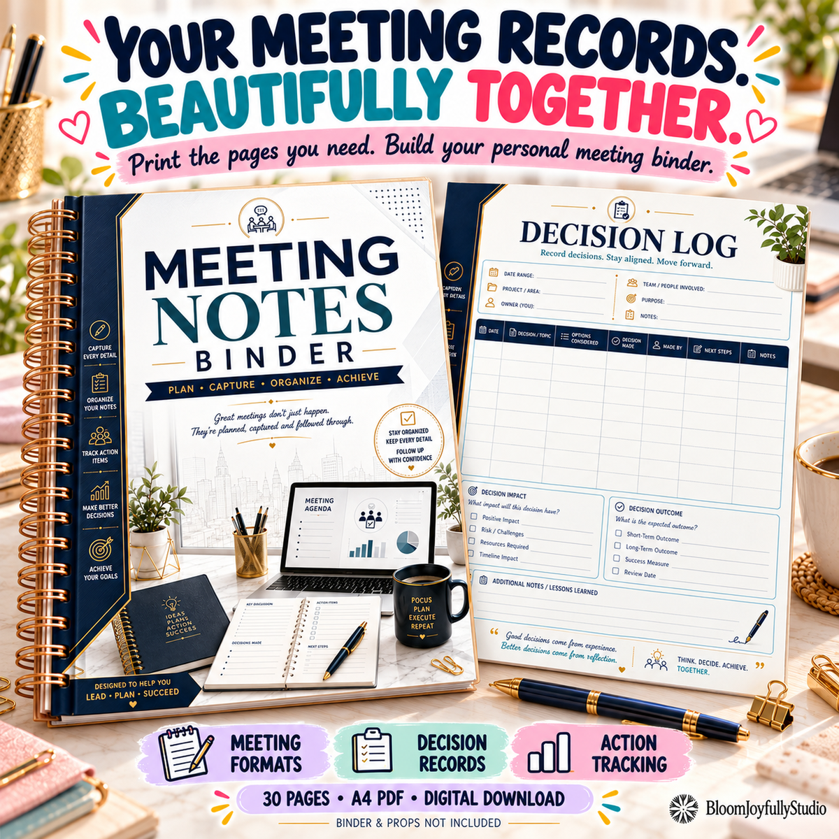 BloomJoyfullyStudio Meeting Notes Binder, 30-page A4 printable — 18
