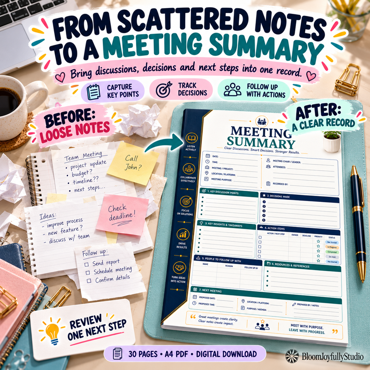 BloomJoyfullyStudio Meeting Notes Binder, 30-page A4 printable — 21