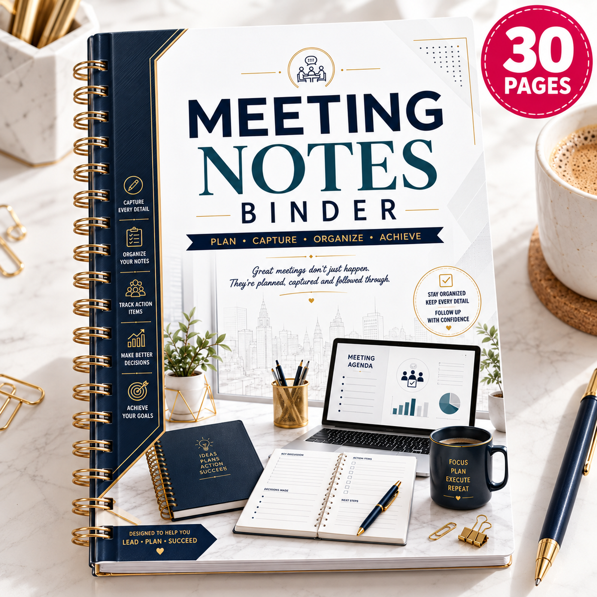 BloomJoyfullyStudio Meeting Notes Binder, 30-page A4 printable — HERO
