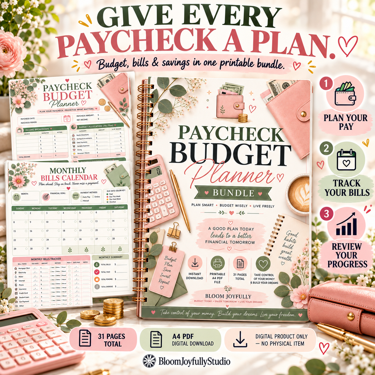 BloomJoyfullyStudio Paycheck Budget Planner, 31-page A4 digital PDF — Main Product Hero