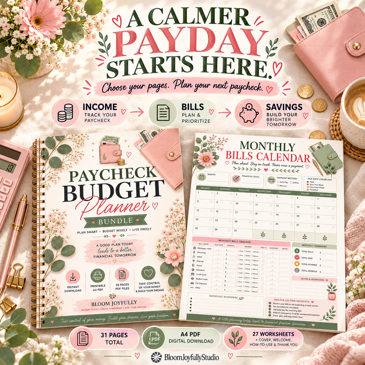 BloomJoyfullyStudio Paycheck Budget Planner, 31-page A4 digital PDF — Lifestyle Hero