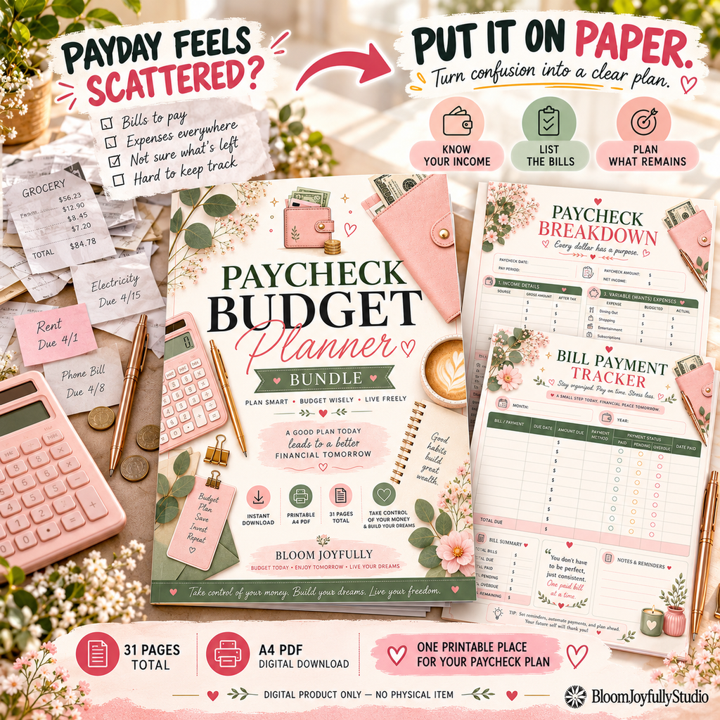 BloomJoyfullyStudio Paycheck Budget Planner, 31-page A4 digital PDF — Problem to Solution