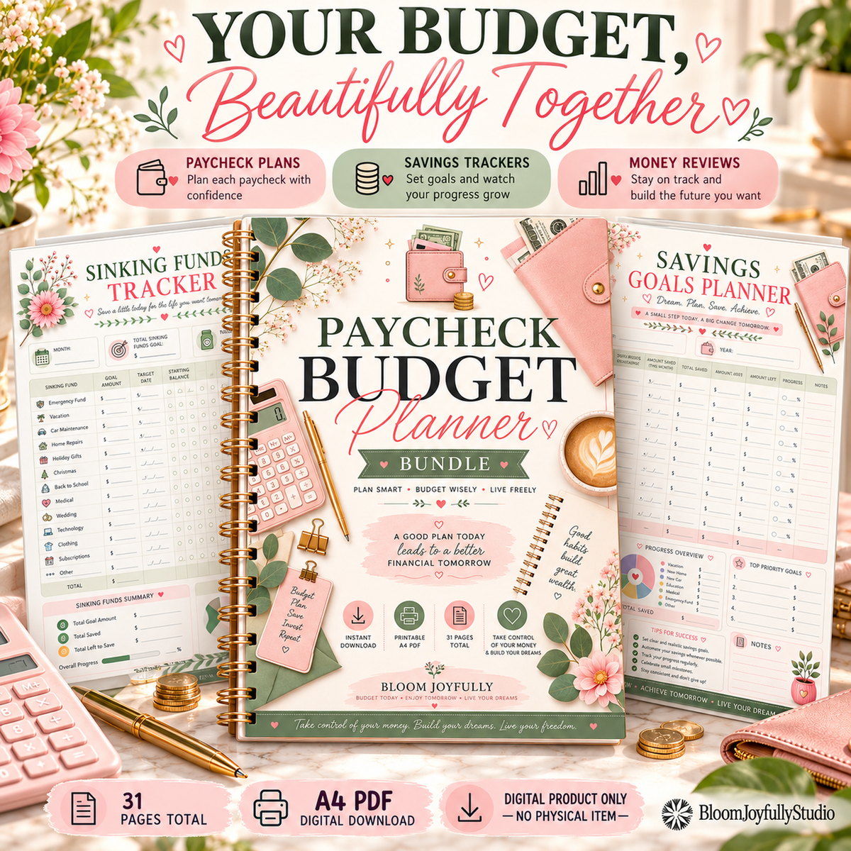 BloomJoyfullyStudio Paycheck Budget Planner, 31-page A4 digital PDF — Premium Binder Feature