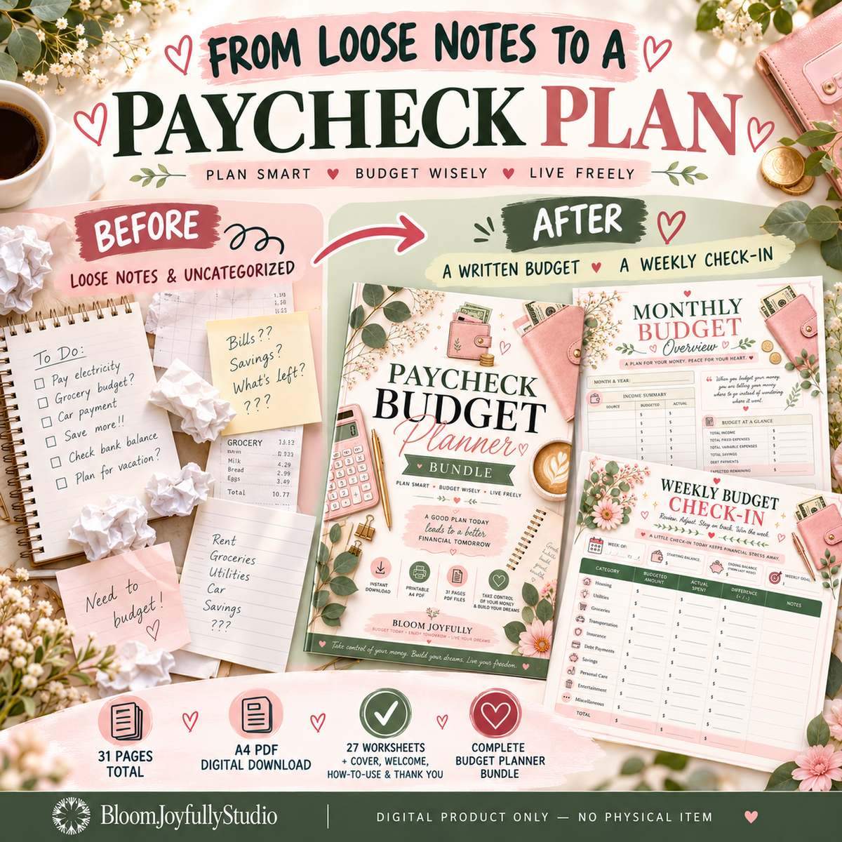 BloomJoyfullyStudio Paycheck Budget Planner, 31-page A4 digital PDF — Before After Transformation