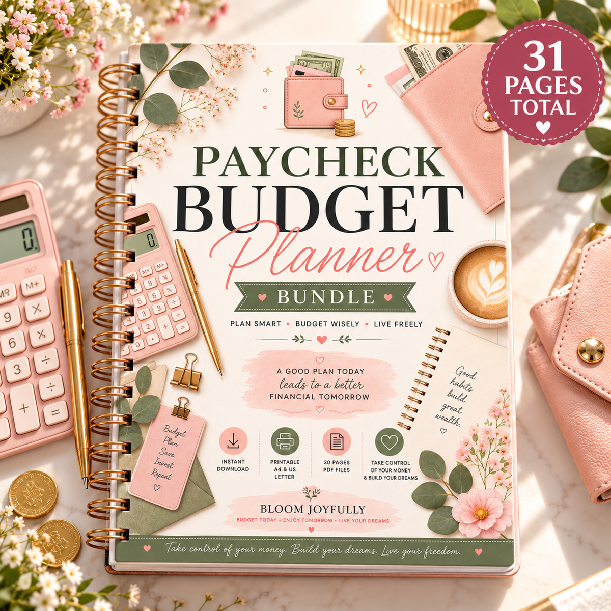 BloomJoyfullyStudio Paycheck Budget Planner Bundle separate hero, 31-page A4 digital download