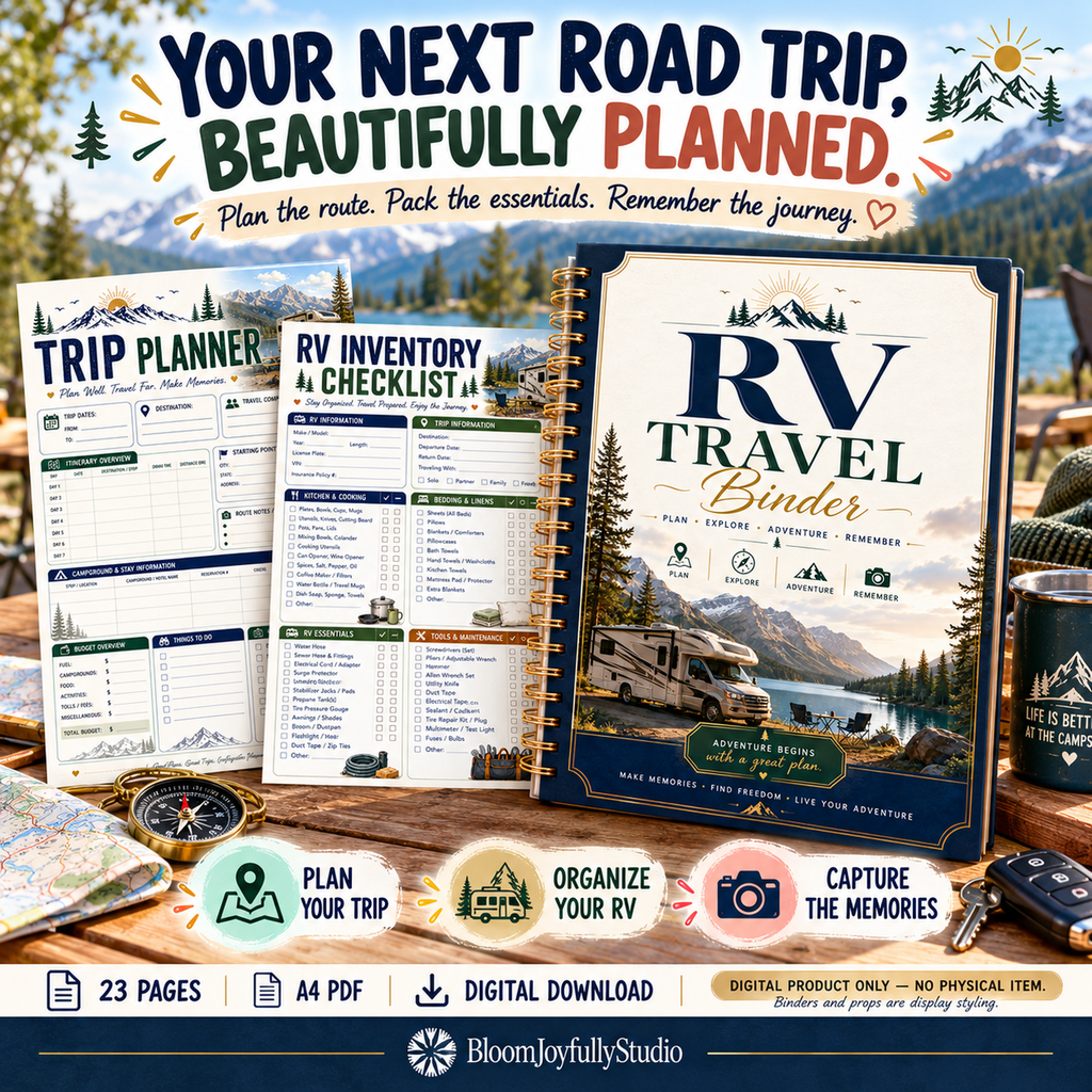 RV Travel Binder 23-page A4 printable PDF — main product overview. Digital download; physical binder and props not included.